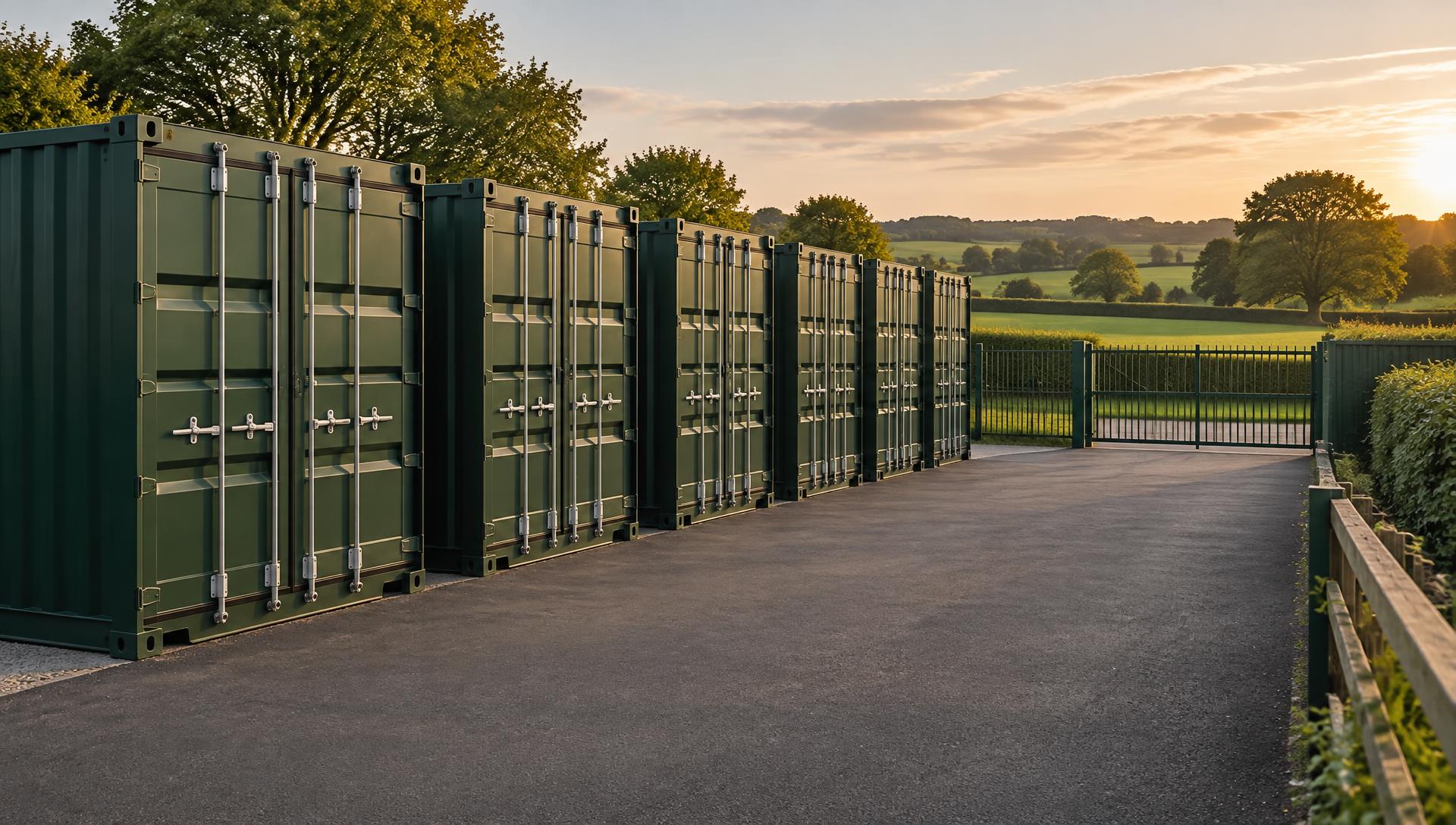 Row of green storage containers at the Adlington Self Store site at sunset