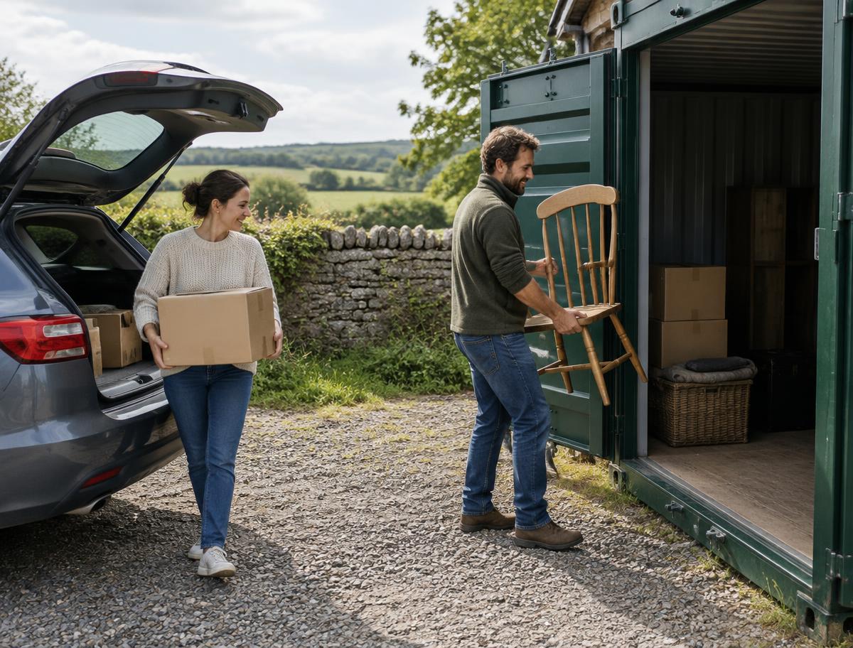 Couple loading boxes and a chair into a storage container